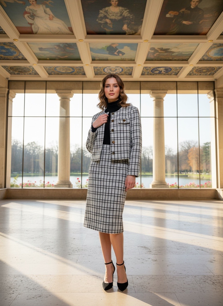 Großhändler LAFÉEROSE - Karierte Tweed-Jacke aus Baumwolle mit Taschen, Knöpfen und Fransendetails