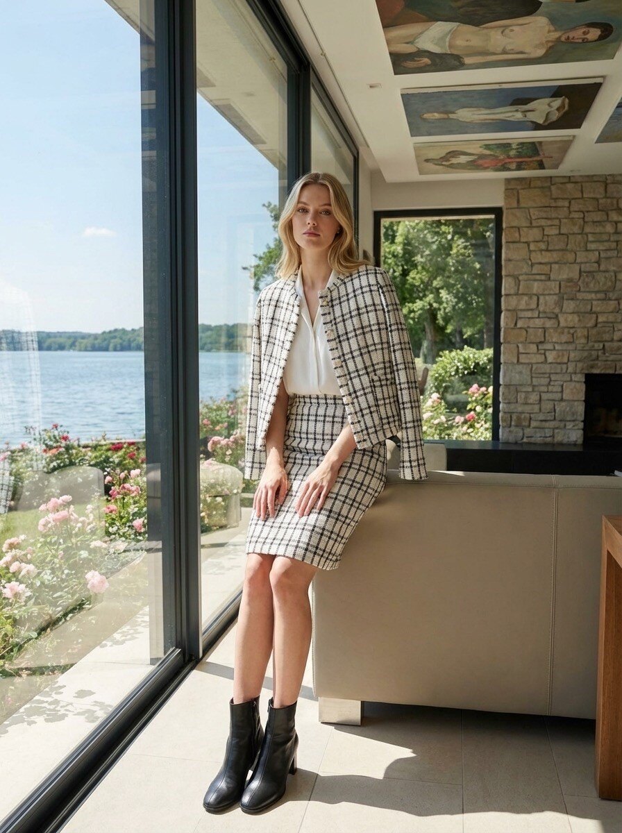 Grossiste LAFÉEROSE - Ensemble Veste et Jupe  en tweed en coton à carreaux et boutons manches longue