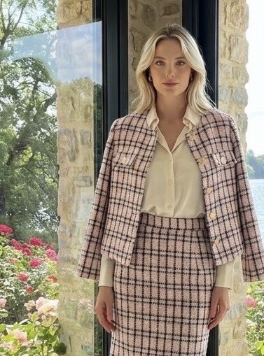 Großhändler LAFÉEROSE - Karierte Tweed-Jacke aus Baumwolle mit Taschen, Knöpfen und Fransendetails