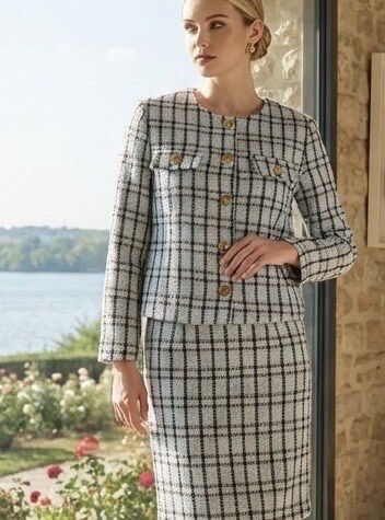 Grossiste LAFÉEROSE - Ensemble Veste et Jupe  en tweed en coton à carreaux et boutons manches longue