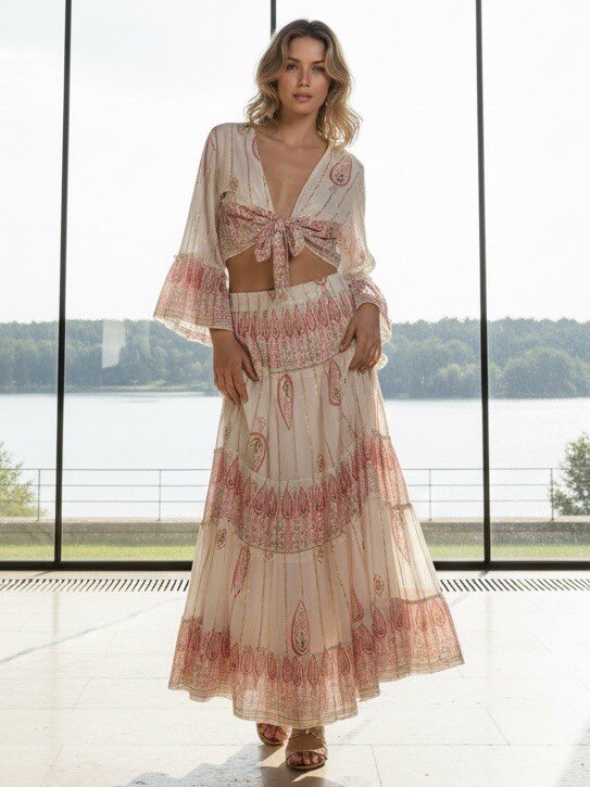 Grossiste LAFÉEROSE - Ensemble en viscose top blouse à noeuds et jupe longue à imprimé bohème chic