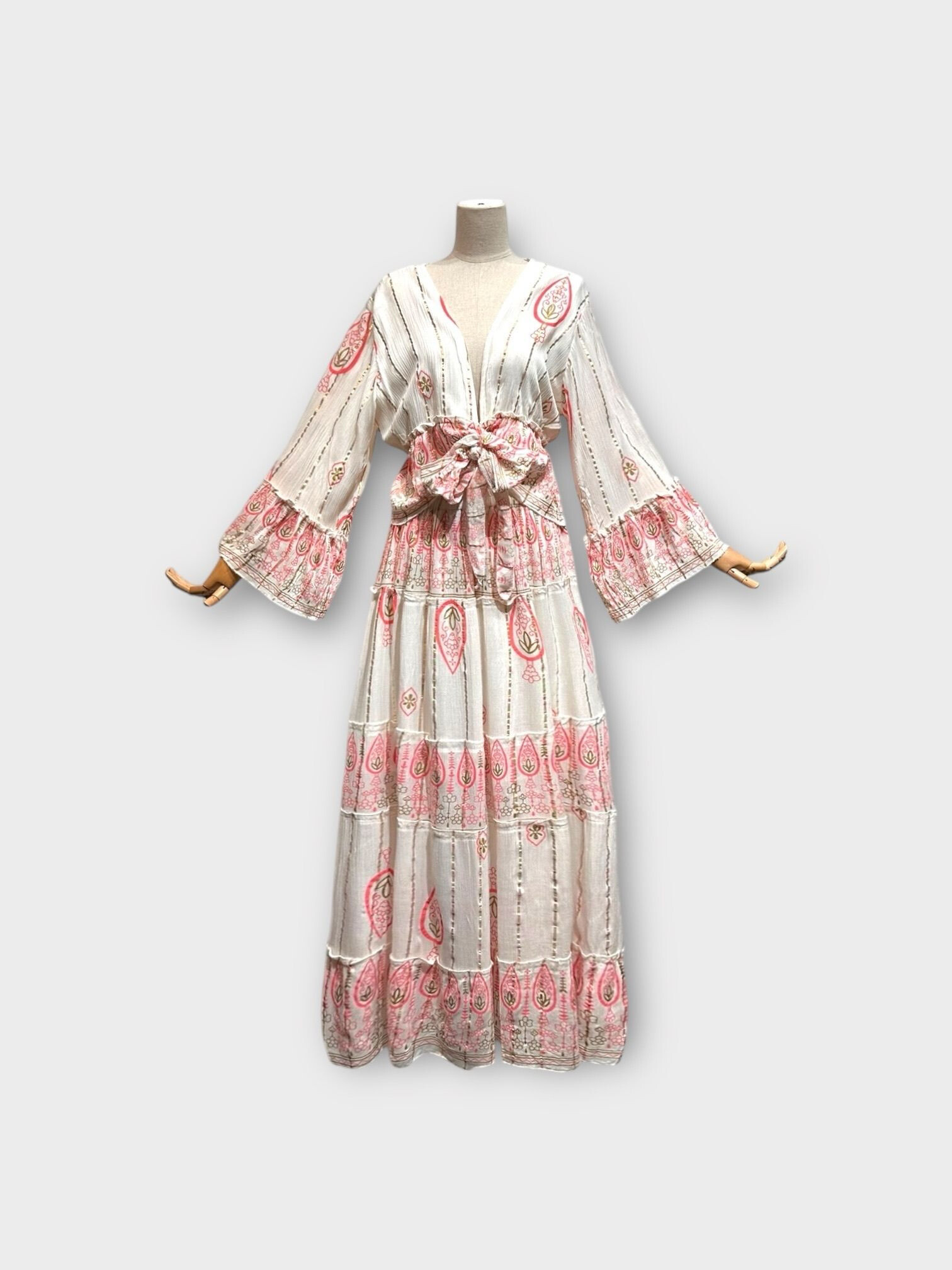 Grossiste LAFÉEROSE - Ensemble en viscose top blouse à noeuds et jupe longue à imprimé bohème chic
