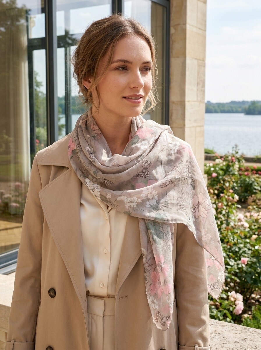 Grossista LAFÉEROSE - Sciarpa / Foulard in Cotone e Seta con Stampa Floreale