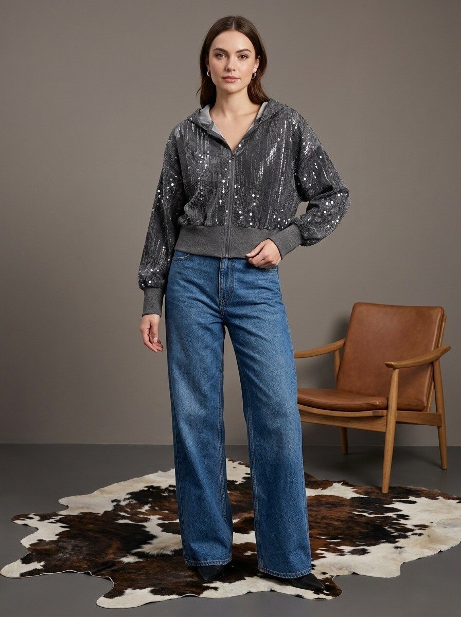 Mayorista LAFÉEROSE - ABRIGO CHALECO DE ALGODÓN CON CAPUCHA Y Lentejuelas Con Strass Y CREMALLERA