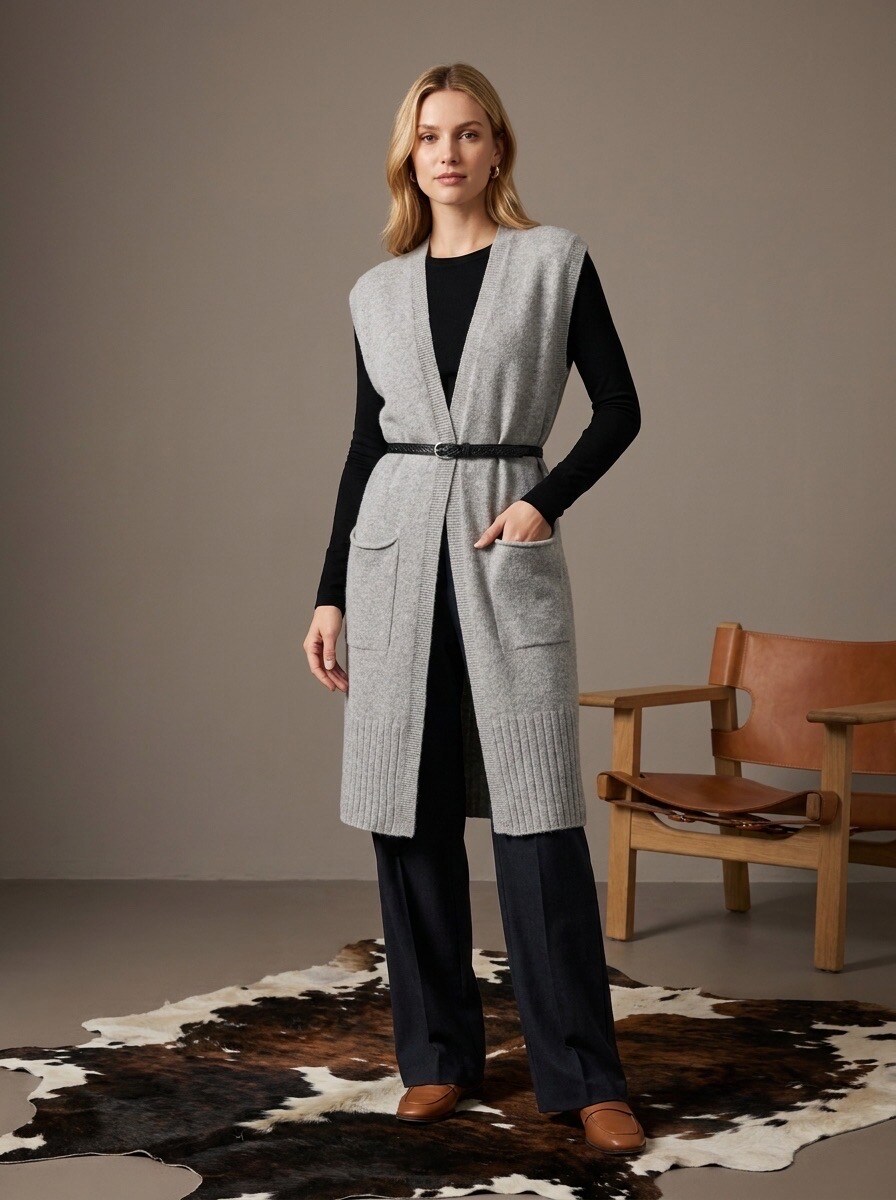 Grossiste LAFÉEROSE - GILET EN CACHEMIRE ET LAINE CARDIGAN VESTE LONG SANS MANCHES POCHES NEW TENDANCE