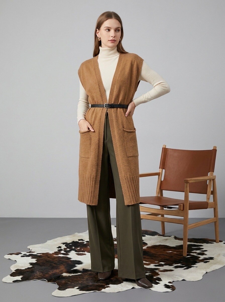 Grossista LAFÉEROSE - GILET IN CACHEMIRE E LANA CARDIGAN GIACCA LUNGA SENZA MANICHE TASCHE NUOVA TENDENZA