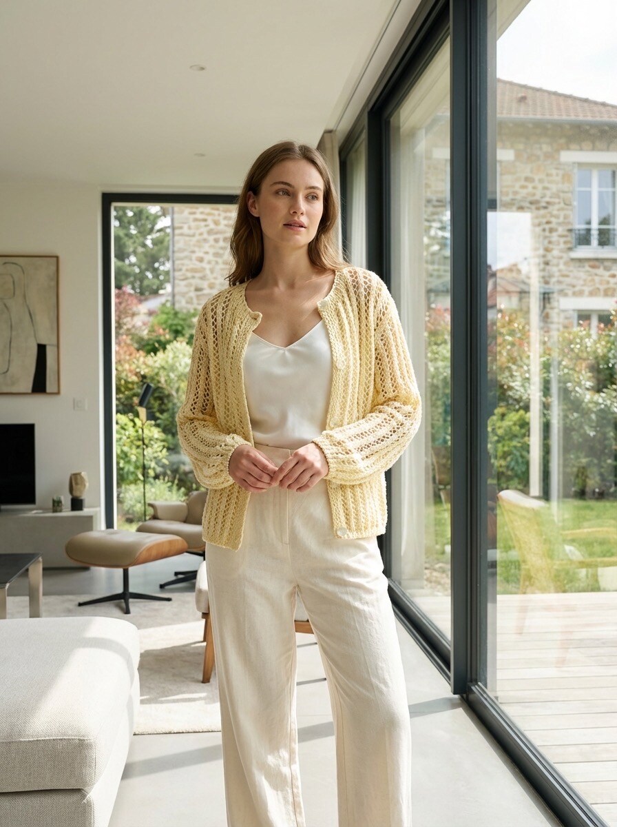 Großhändler LAFÉEROSE - Häkeln Cardigan in sehr weicher Baumwollbaumwolle groß und ausflammer Bohemian Round Hals