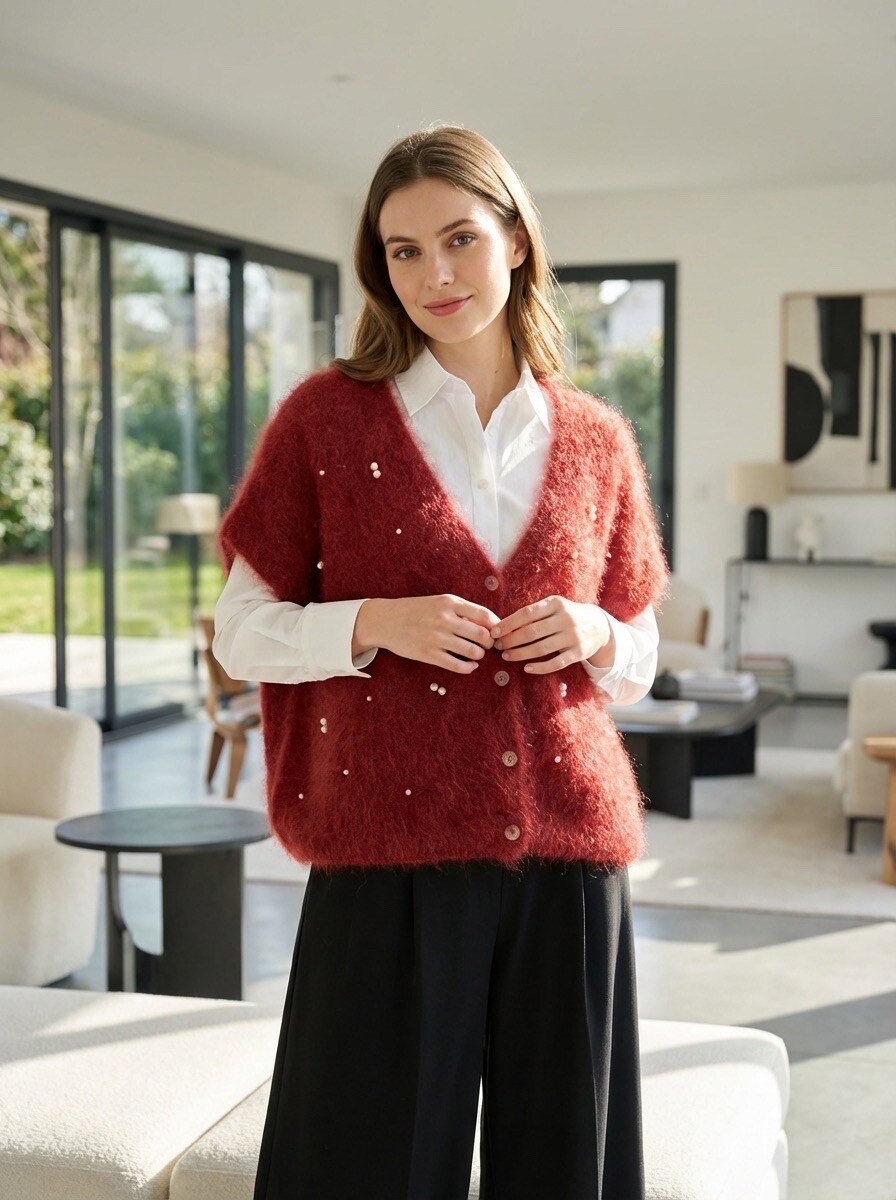 Großhändler LAFÉEROSE - 80 % MOHAIR. Weiche, schlichte, ärmellose Pulloverweste mit Knöpfen und Perlen