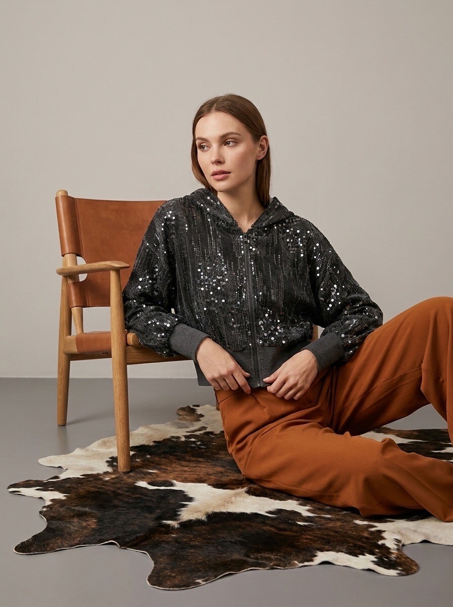 Grossiste LAFÉEROSE - GILET VESTE MANTEAU PAILLETTES STRASS A CAPUCHE EN COTON A ZIP