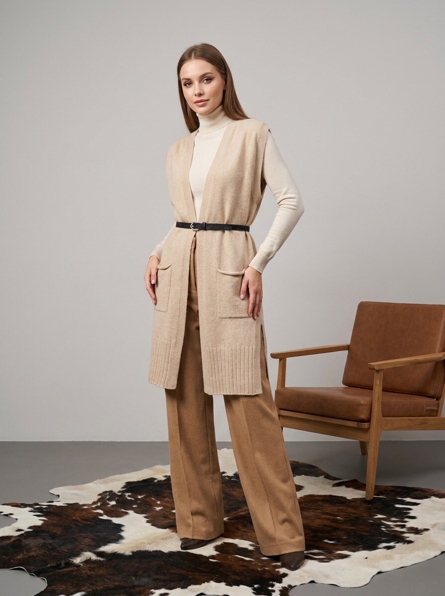Grossiste LAFÉEROSE - GILET EN CACHEMIRE ET LAINE CARDIGAN VESTE LONG SANS MANCHES POCHES NEW TENDANCE