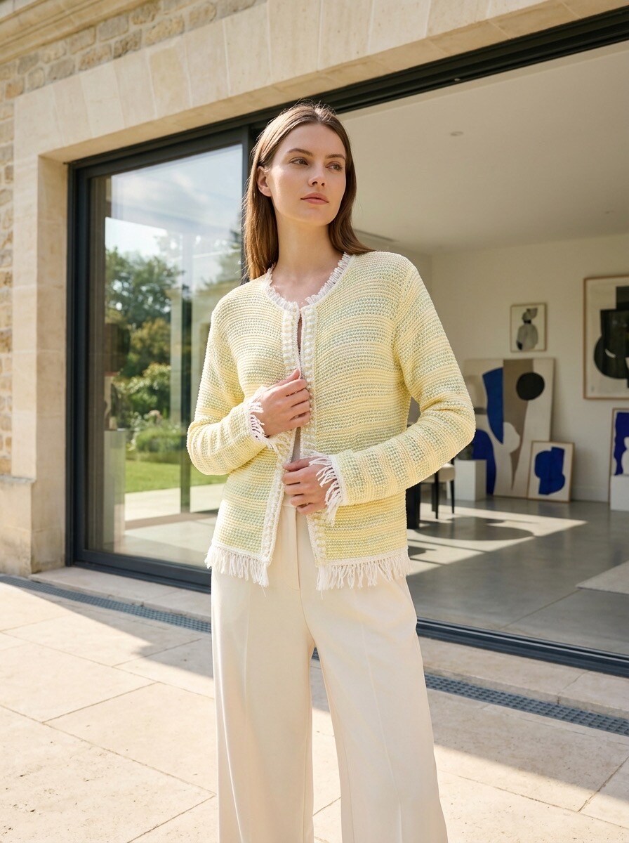 Großhändler LAFÉEROSE - Weste – Strickjacke aus Baumwolle, bunte gestrickte Spitzenstreifen mit Verschluss