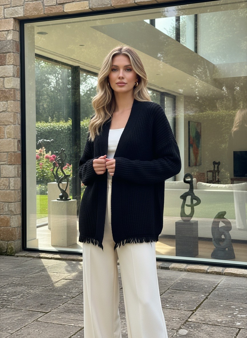 Grossista LAFÉEROSE - CARDIGAN IN LANA GROSSA MAGLIA TRICOT FROUFROU FRANGE MORBIDO