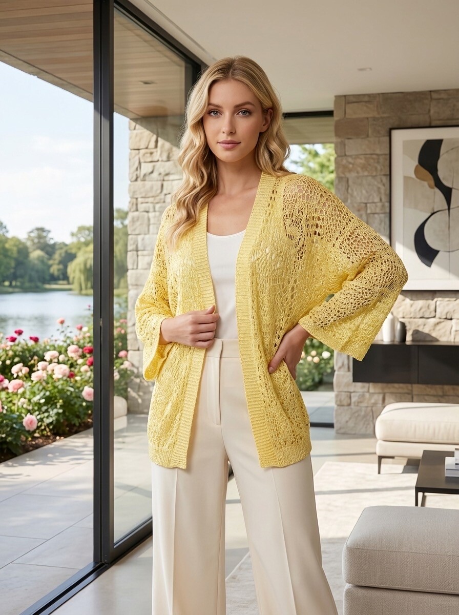 Grossiste LAFÉEROSE - Top gilet cardigan en crochet à broderies manches longues 3/4 printemps été