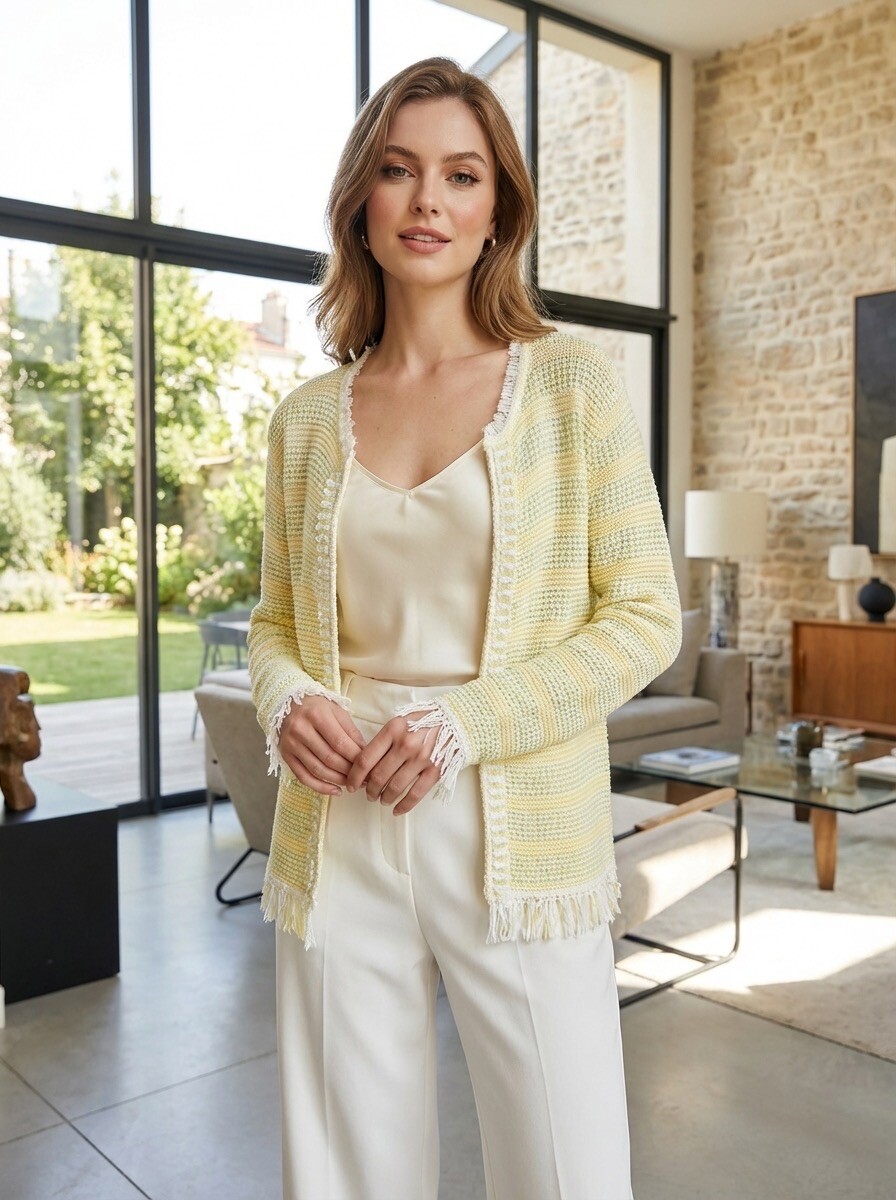 Wholesaler LAFÉEROSE - Vest - Cotton cardigan, colorful knitted lace stripes with clasp