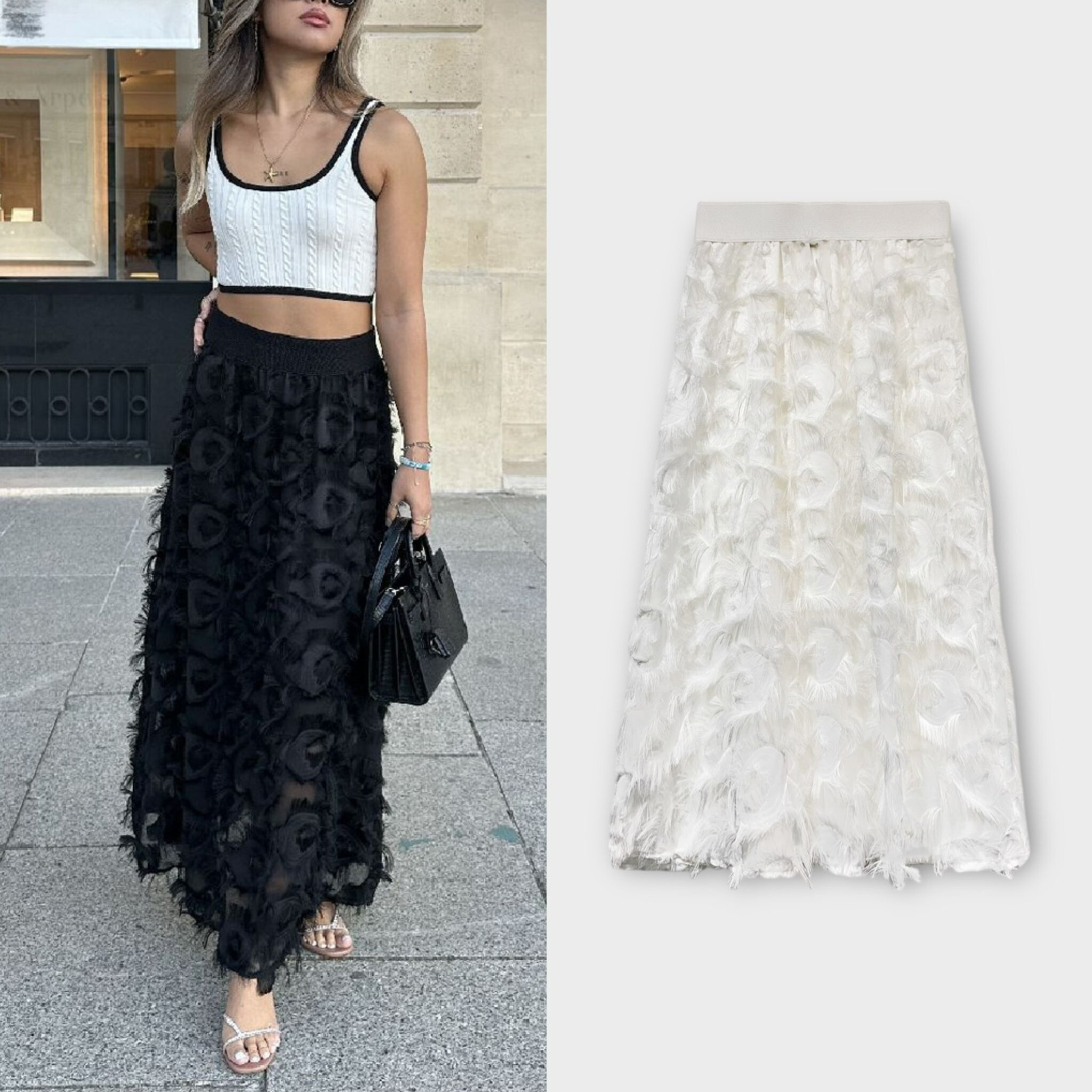 Wholesaler LAFÉEROSE - LONG FLUID SKIRT WITH TEXTURED FEATHERS/FLOWERS/FRINGES CHIC USED FLORA