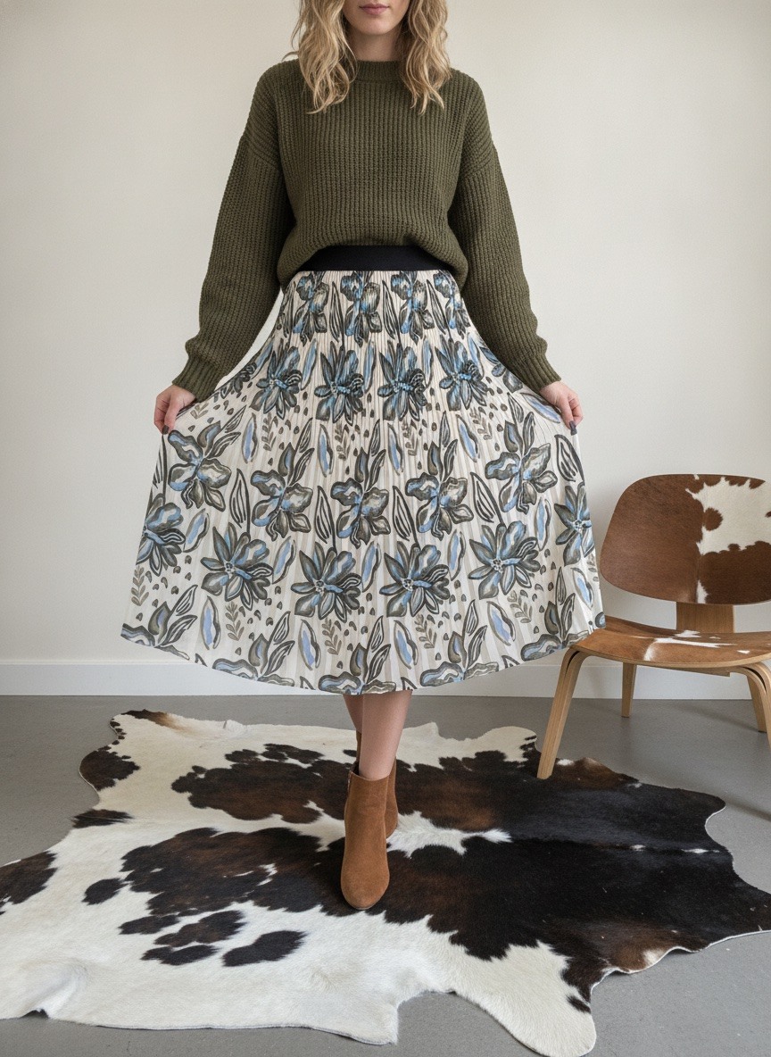 Grossiste LAFÉEROSE - Jupe longue plissée fluide imprimé coloris printanier avec doublure en viscose