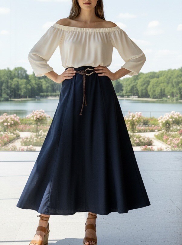 Grossiste LAFÉEROSE - Jupe longue en lin et viscose à poches et ceinture - ample et évasée