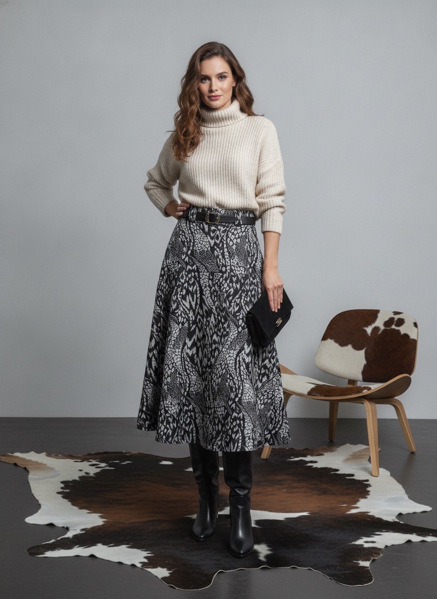 Grossiste LAFÉEROSE - Jupe longue fluide évasée imprimée avec ceinture chic casual