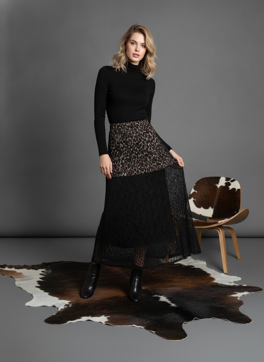 Großhändler LAFÉEROSE - LANGER SPITZENROCK MIT TRENDIGEM FLUID-LEOPARD-FUTTER
