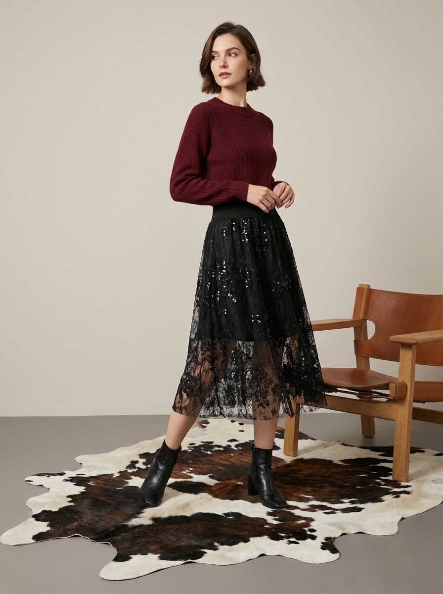 Grossiste LAFÉEROSE - JUPE LONGUE EN SOIE DENTELLE SEQUIN PAILLETTES STRASS FLUIDE SOIRÉE CHIC NEW