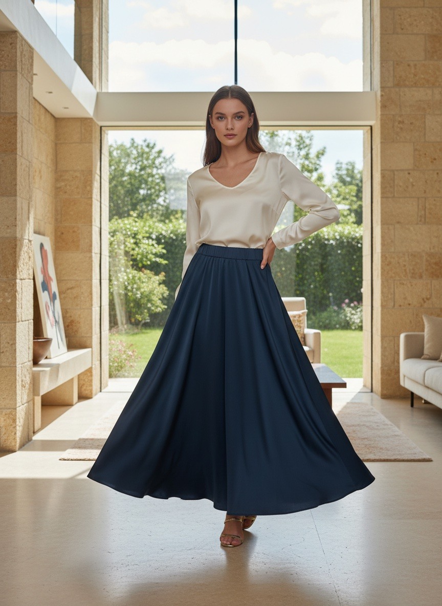 Grossiste LAFÉEROSE - Jupe longue maxi 100% viscose fluide satiné et très évasée « volante » - c