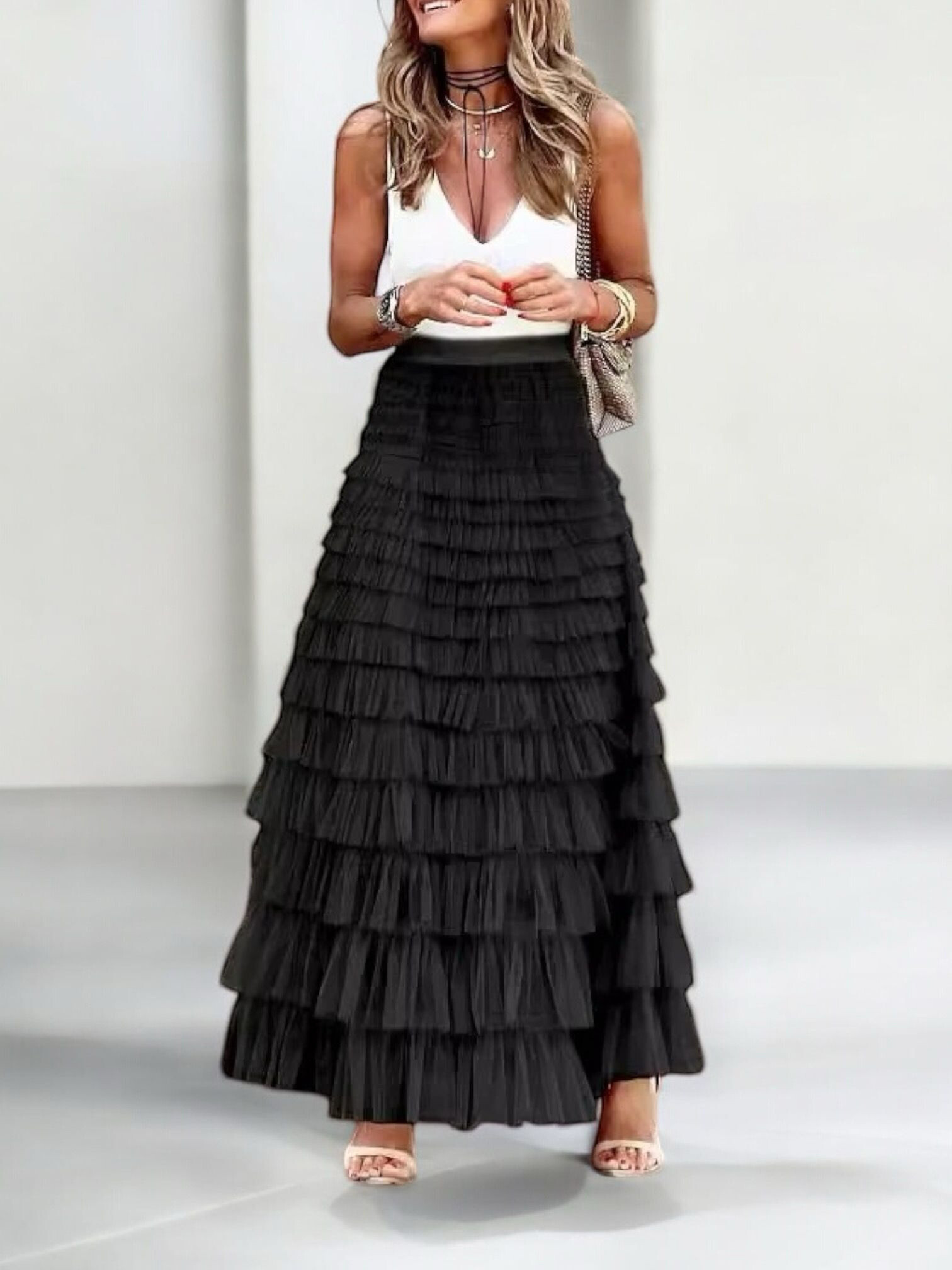 Grossiste LAFÉEROSE - Jupe longue en tulle mousseline effet soie en visvose évasée chic bohème