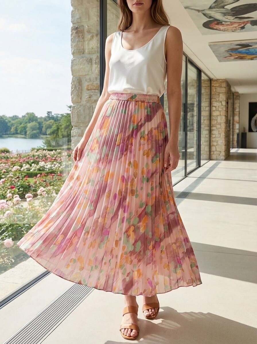 Grossiste LAFÉEROSE - Jupe longue plissée fluide imprimé coloré avec doublure en viscose