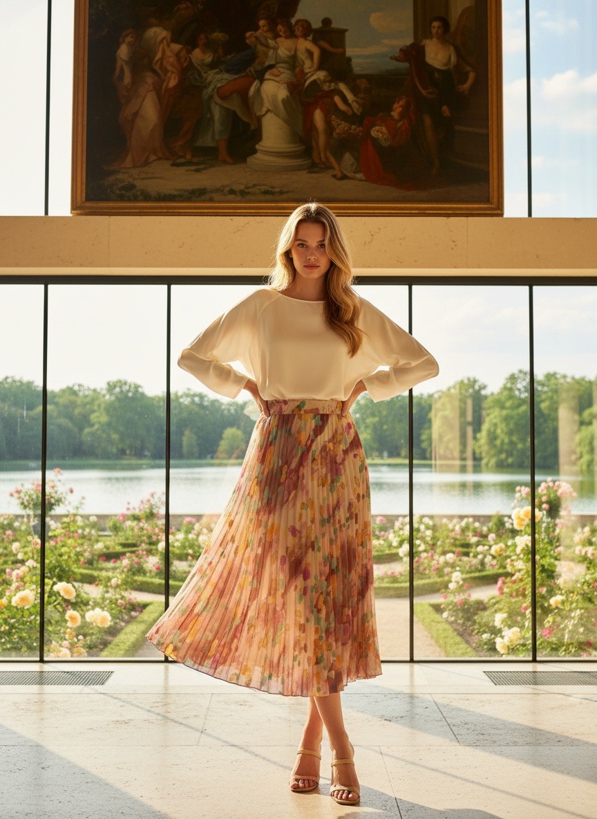 Grossiste LAFÉEROSE - Jupe longue plissée fluide imprimé coloré avec doublure en viscose