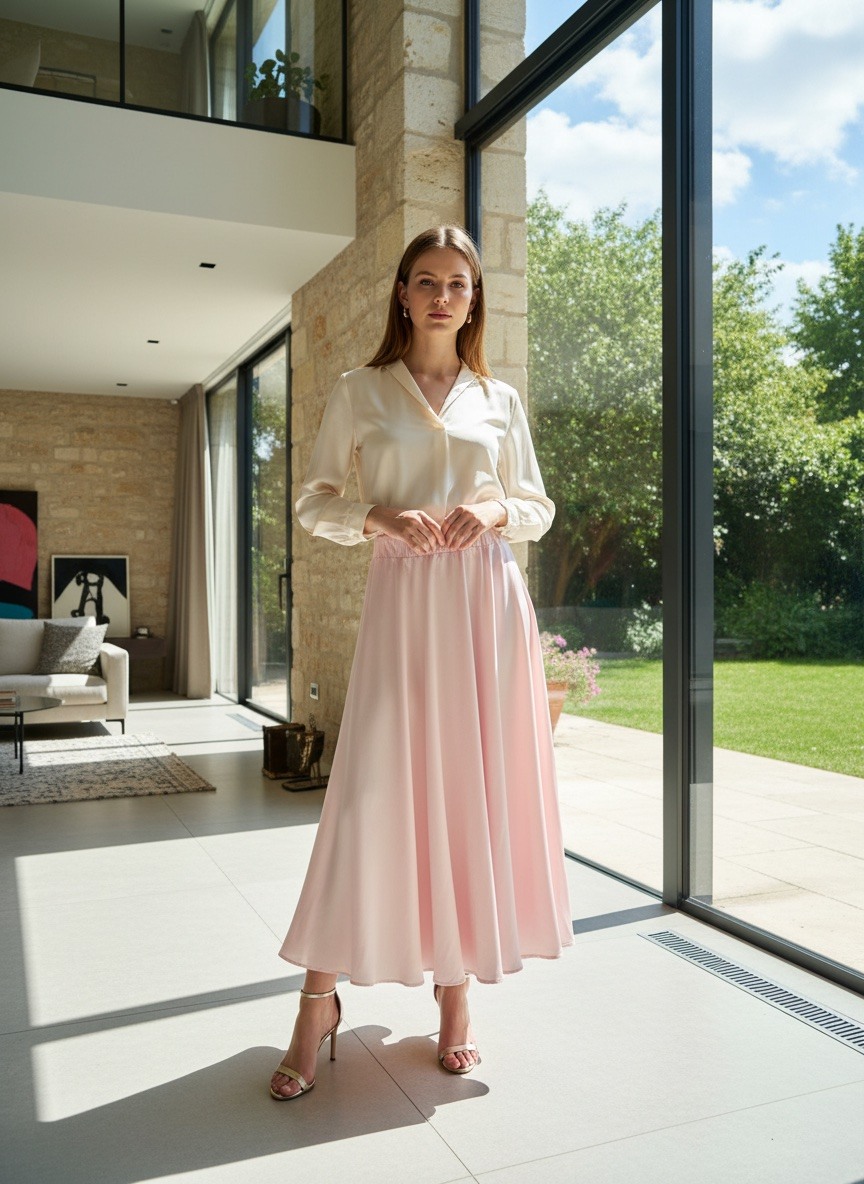 Wholesaler LAFÉEROSE - Maxi long skirt 100% fluid satin viscose, very flared 'flowing' - chic and elegant