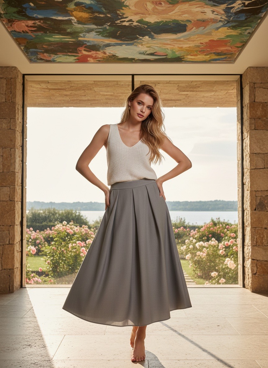 Grossiste LAFÉEROSE - Jupe longue évasé fluide trapèze taille élastique chic élégant ceinture