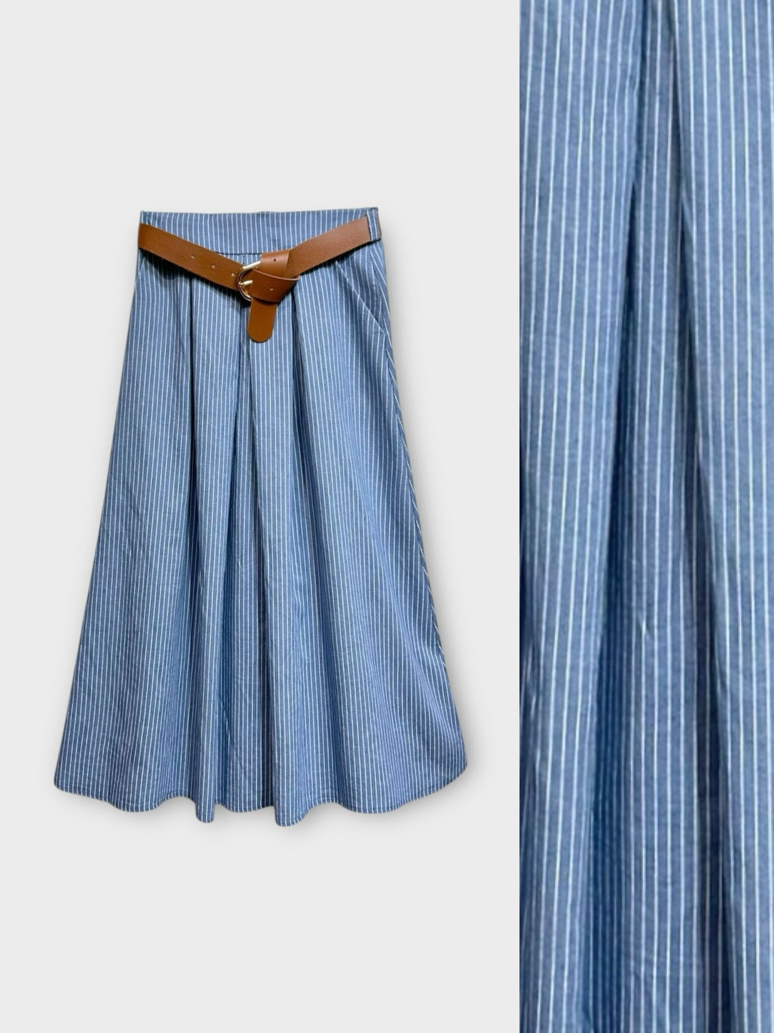 Grossiste LAFÉEROSE - Jupe longue en coton denim souple imprimée rayures, évasée à poches et ceinture