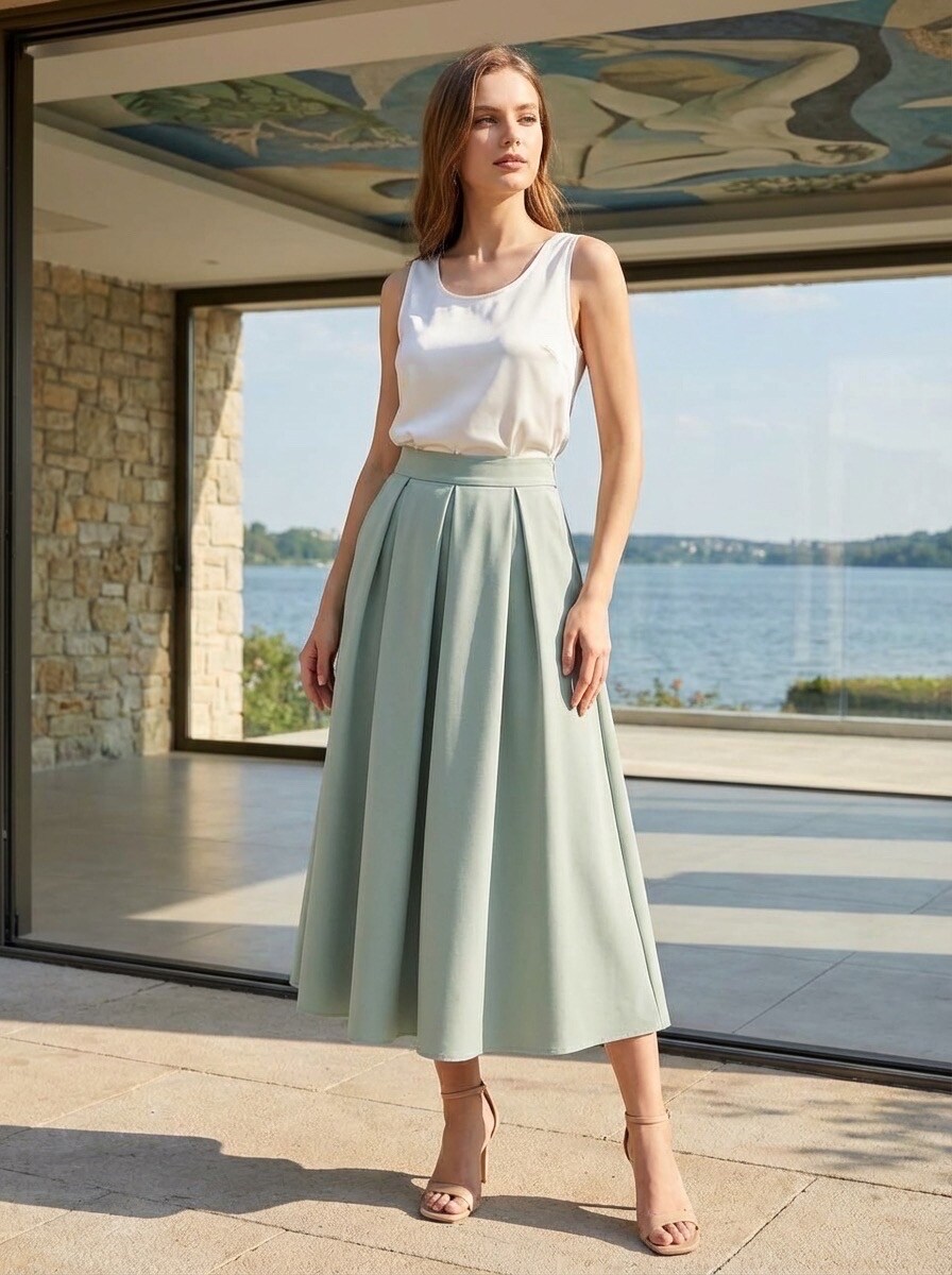 Grossiste LAFÉEROSE - Jupe longue évasé fluide trapèze taille élastique chic élégant ceinture
