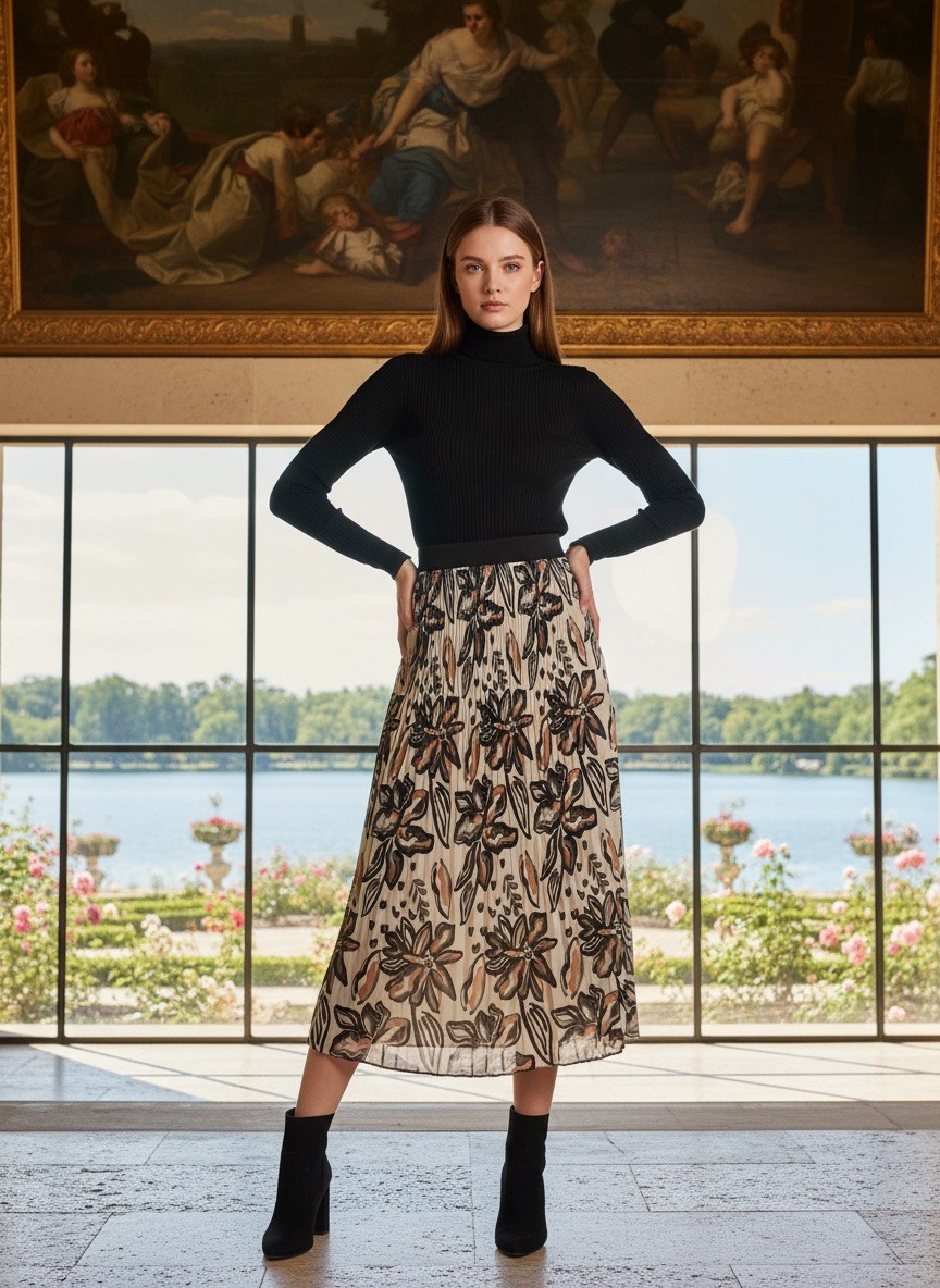 Grossiste LAFÉEROSE - Jupe longue plissée fluide imprimé coloris printanier avec doublure en viscose