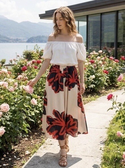 Großhändler LAFÉEROSE - Langer Trapezrock 100% ausreichend und ausgestellte gedruckte flüssige Baumwolle - Bohemian Chic