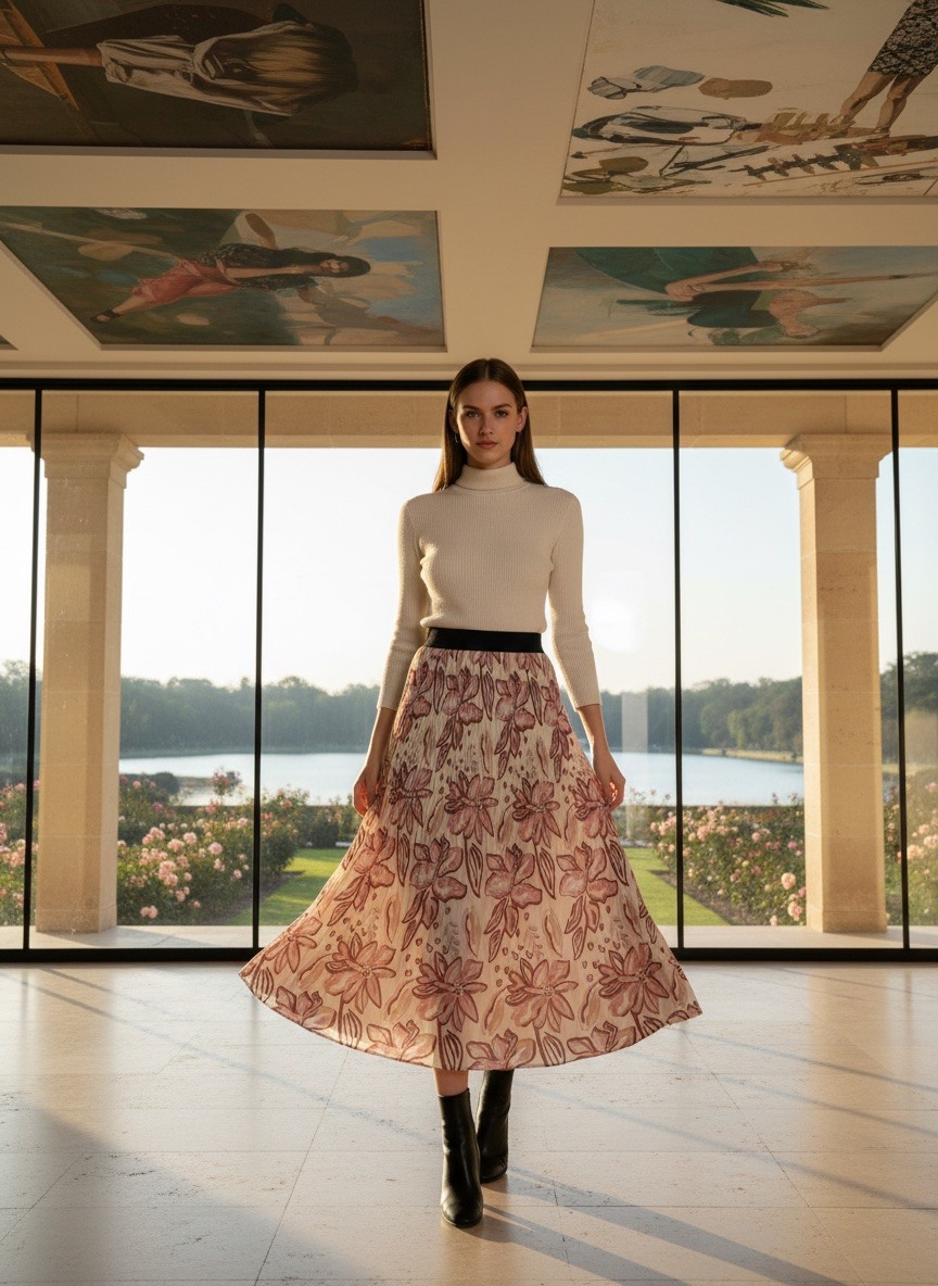 Grossiste LAFÉEROSE - Jupe longue plissée fluide imprimé coloris printanier avec doublure en viscose