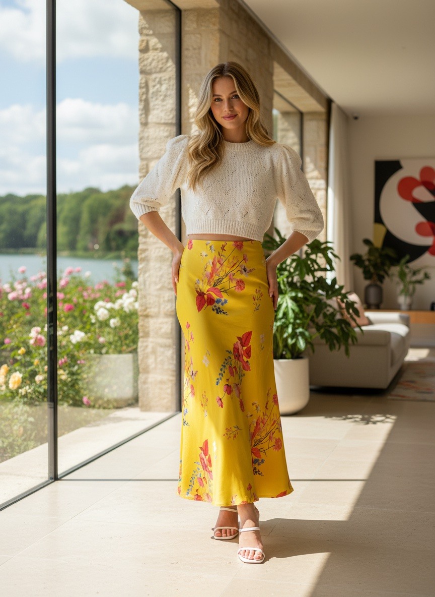 Mayorista LAFÉEROSE - Falda larga al 100% en fluido acampanado Corte de sirena con estampado florido elegante
