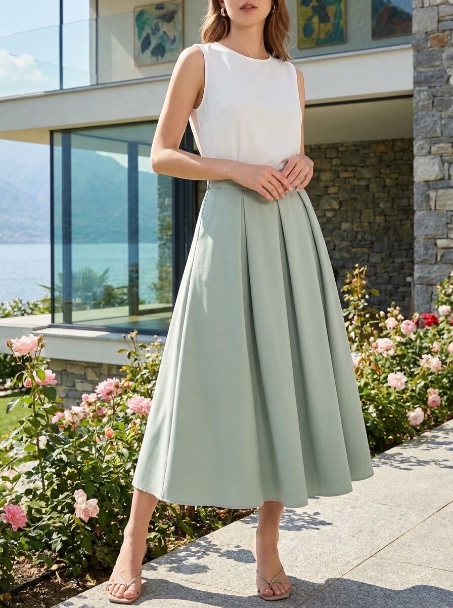 Großhändler LAFÉEROSE - Langer Rock, ausgestellt, fließend, Trapez, elastische Taille, schicker, eleganter Gürtel
