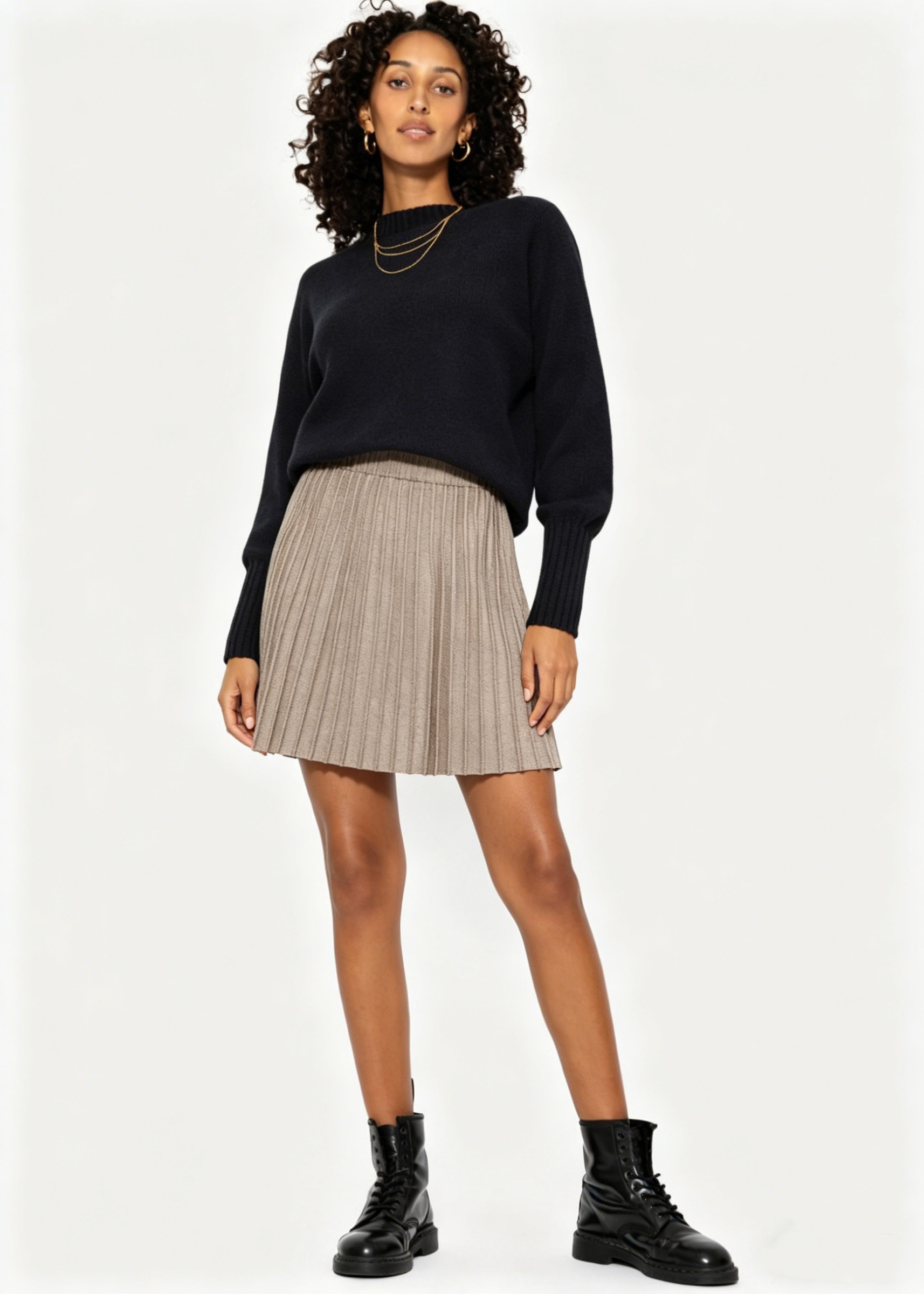 Grossiste LAFÉEROSE - JUPE PLISSÉ MINI MAILLE FINE FLUIDE RAYURE TRAIT TAILLE ELASTIC HAUTE ET BASSE