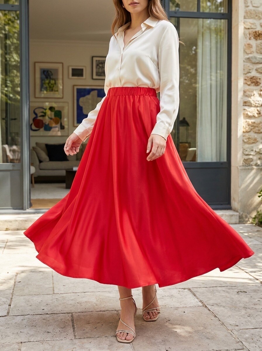 Grossiste LAFÉEROSE - Jupe longue maxi 100% viscose fluide satiné et très évasée « volante » - c