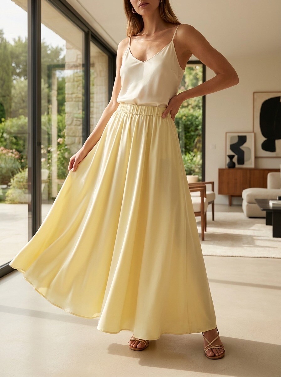 Großhändler LAFÉEROSE - Maxi-Langrock 100% fließende Satin-Viskose, sehr ausgestellter 'fließender' Schnitt - schick und elegant