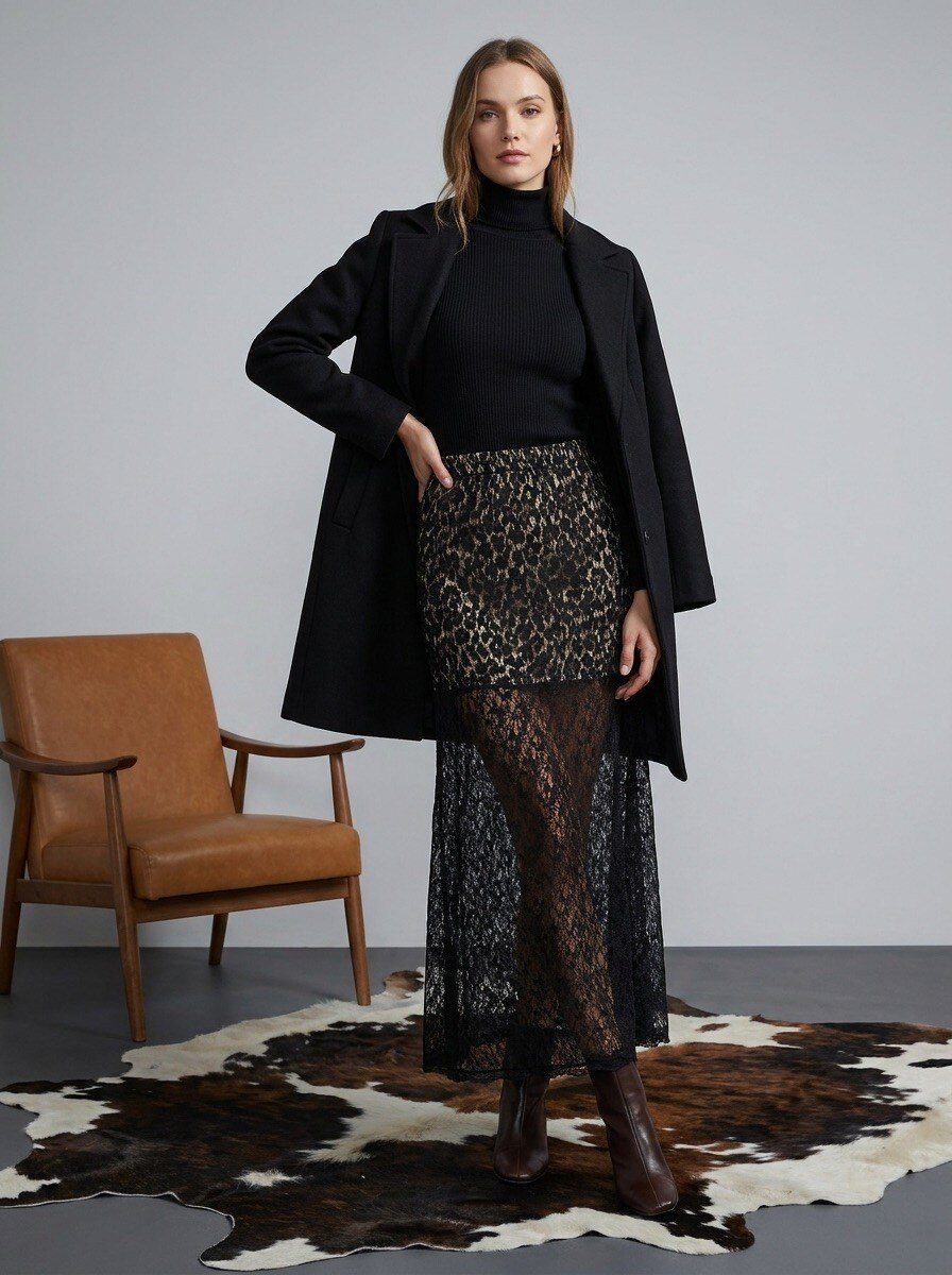 Großhändler LAFÉEROSE - LANGER SPITZENROCK MIT TRENDIGEM FLUID-LEOPARD-FUTTER