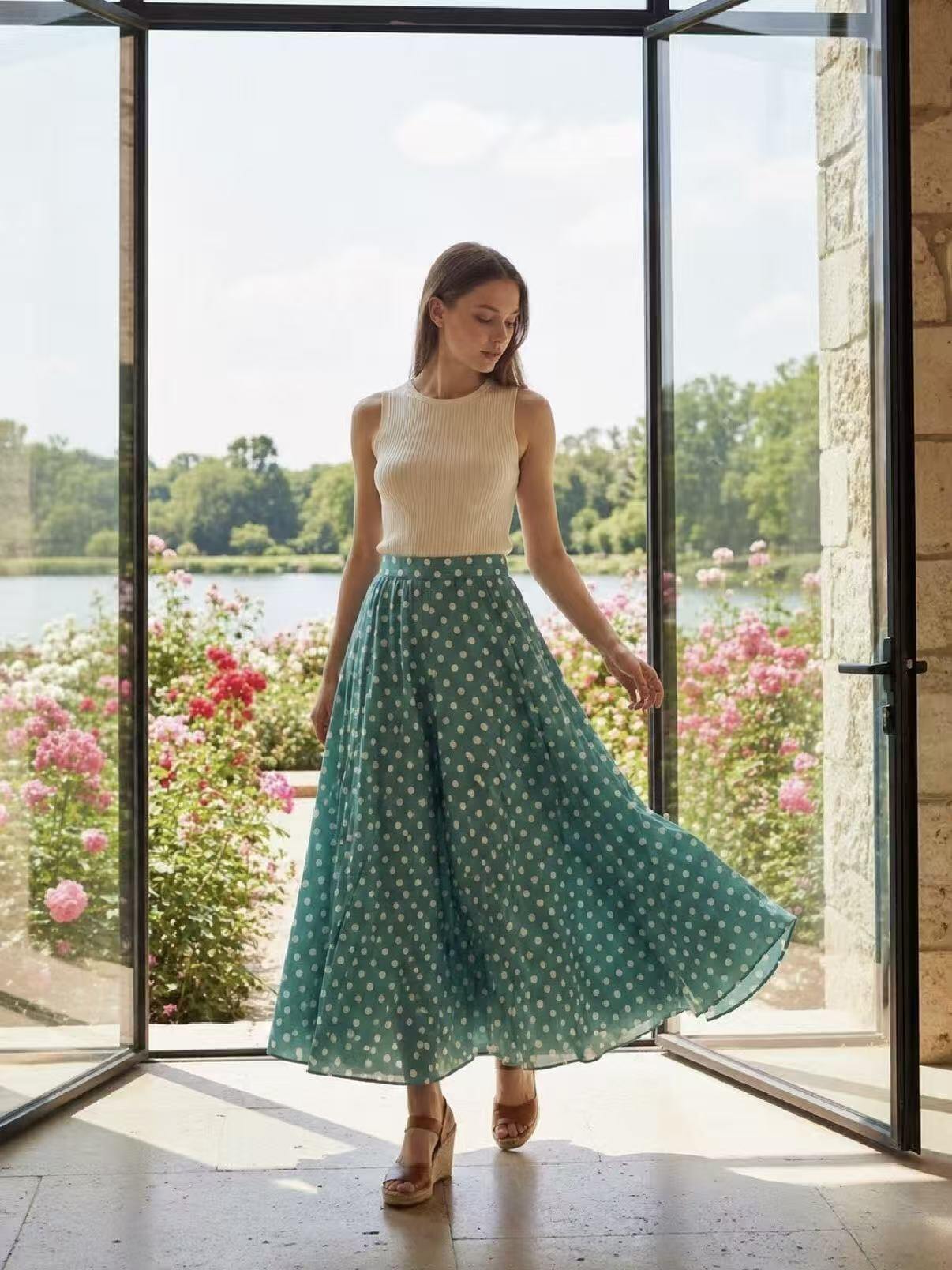 Grossiste LAFÉEROSE - Jupe longue fluide évasée imprimée à poids - effet soie - chic élégant