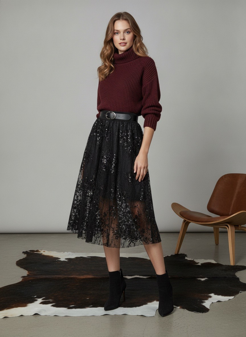 Grossiste LAFÉEROSE - JUPE LONGUE EN SOIE DENTELLE SEQUIN PAILLETTES STRASS FLUIDE SOIRÉE CHIC NEW