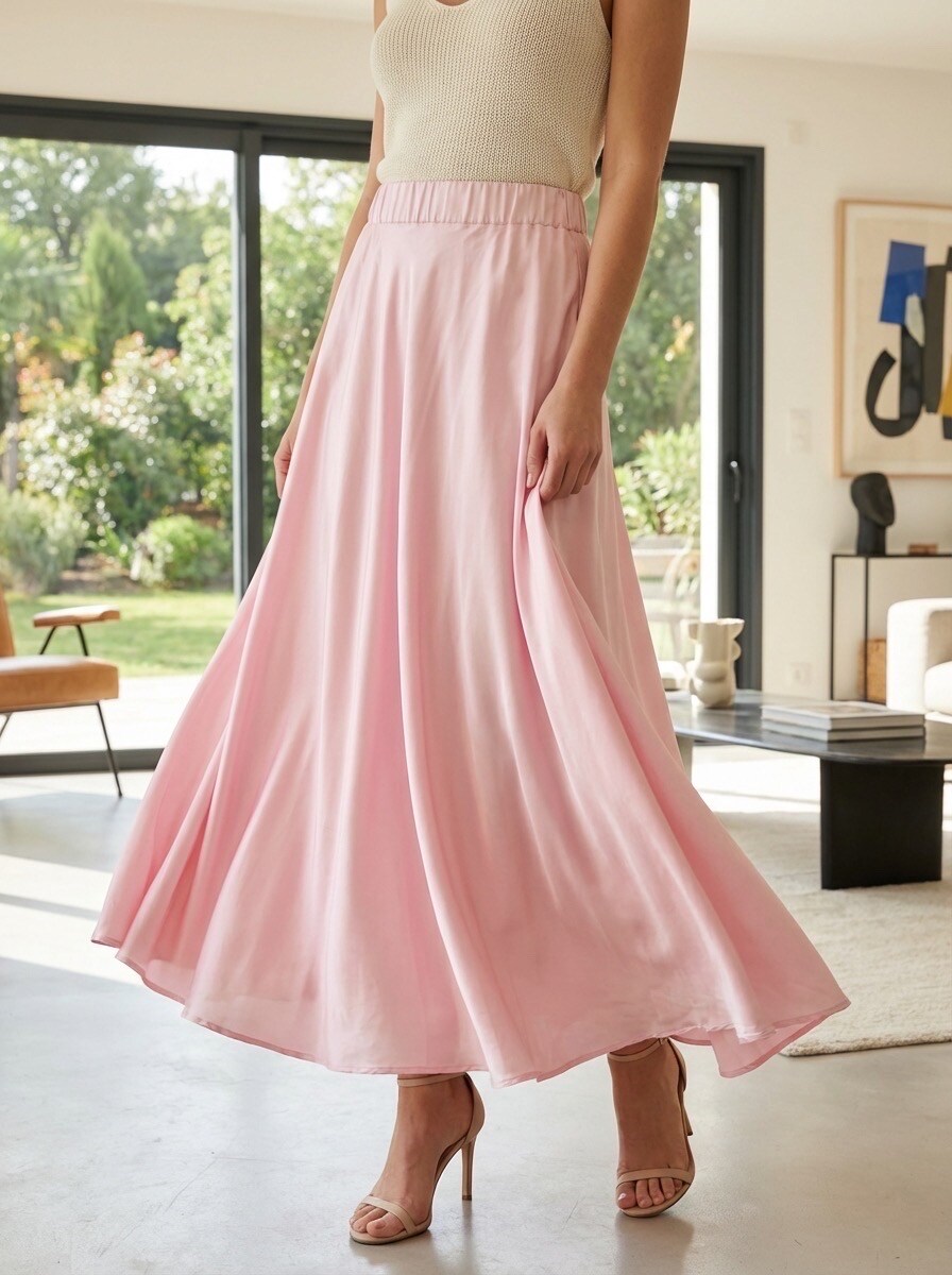 Grossiste LAFÉEROSE - Jupe longue maxi 100% viscose fluide satiné et très évasée « volante » - c