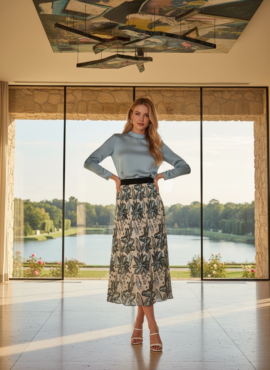 Grossiste LAFÉEROSE - Jupe longue plissée fluide imprimé coloris printanier avec doublure en viscose