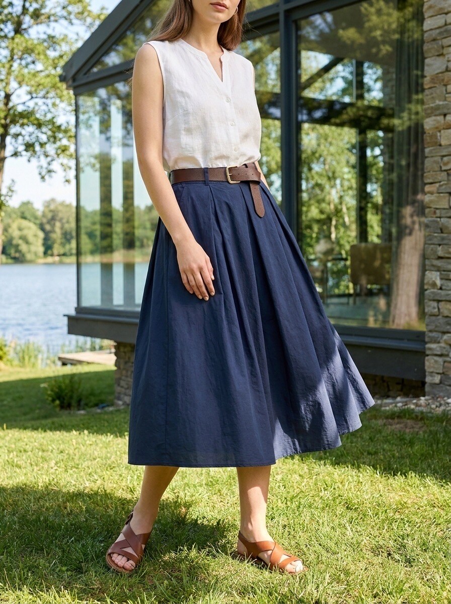 Wholesaler LAFÉEROSE - Long Pleated Cotton Skirt with Belt