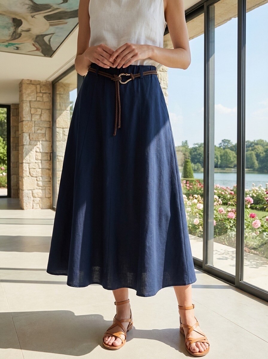 Grossiste LAFÉEROSE - Jupe longue en lin et viscose à poches et ceinture - ample et évasée