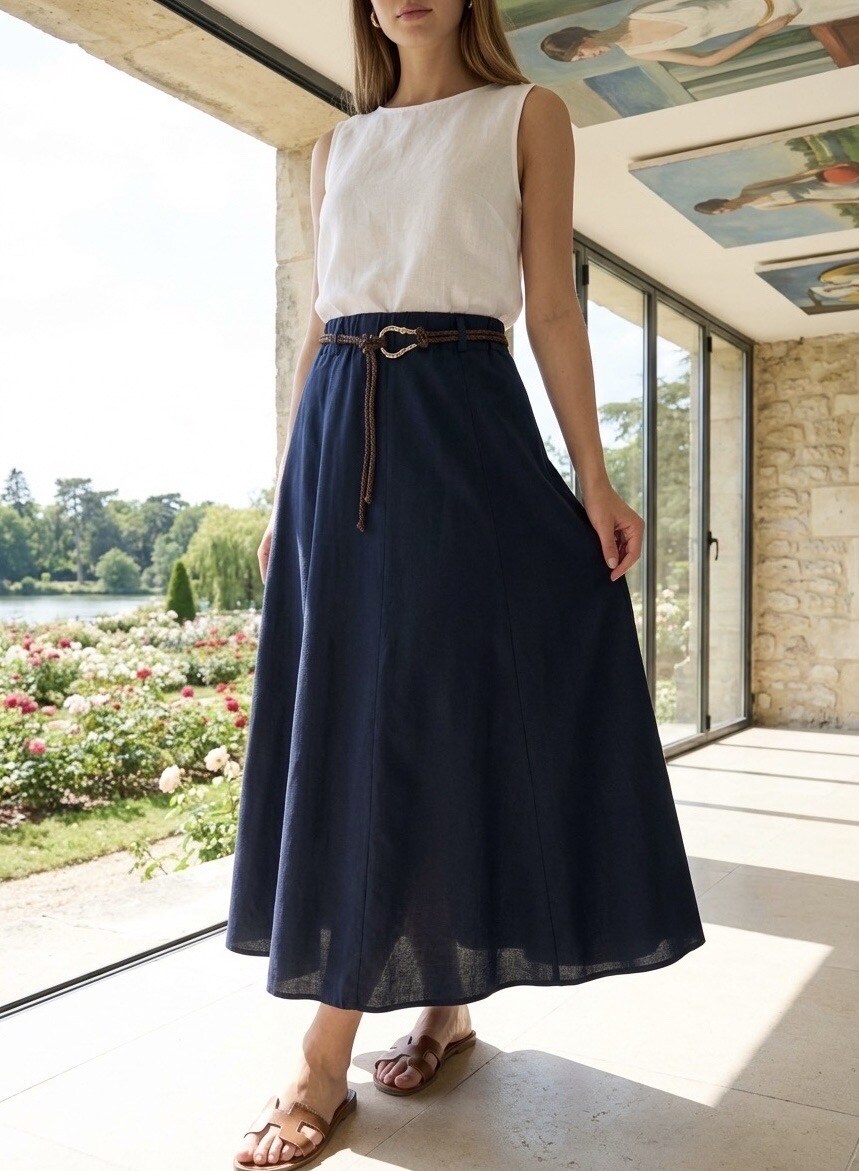 Grossiste LAFÉEROSE - Jupe longue en lin et viscose à poches et ceinture - ample et évasée