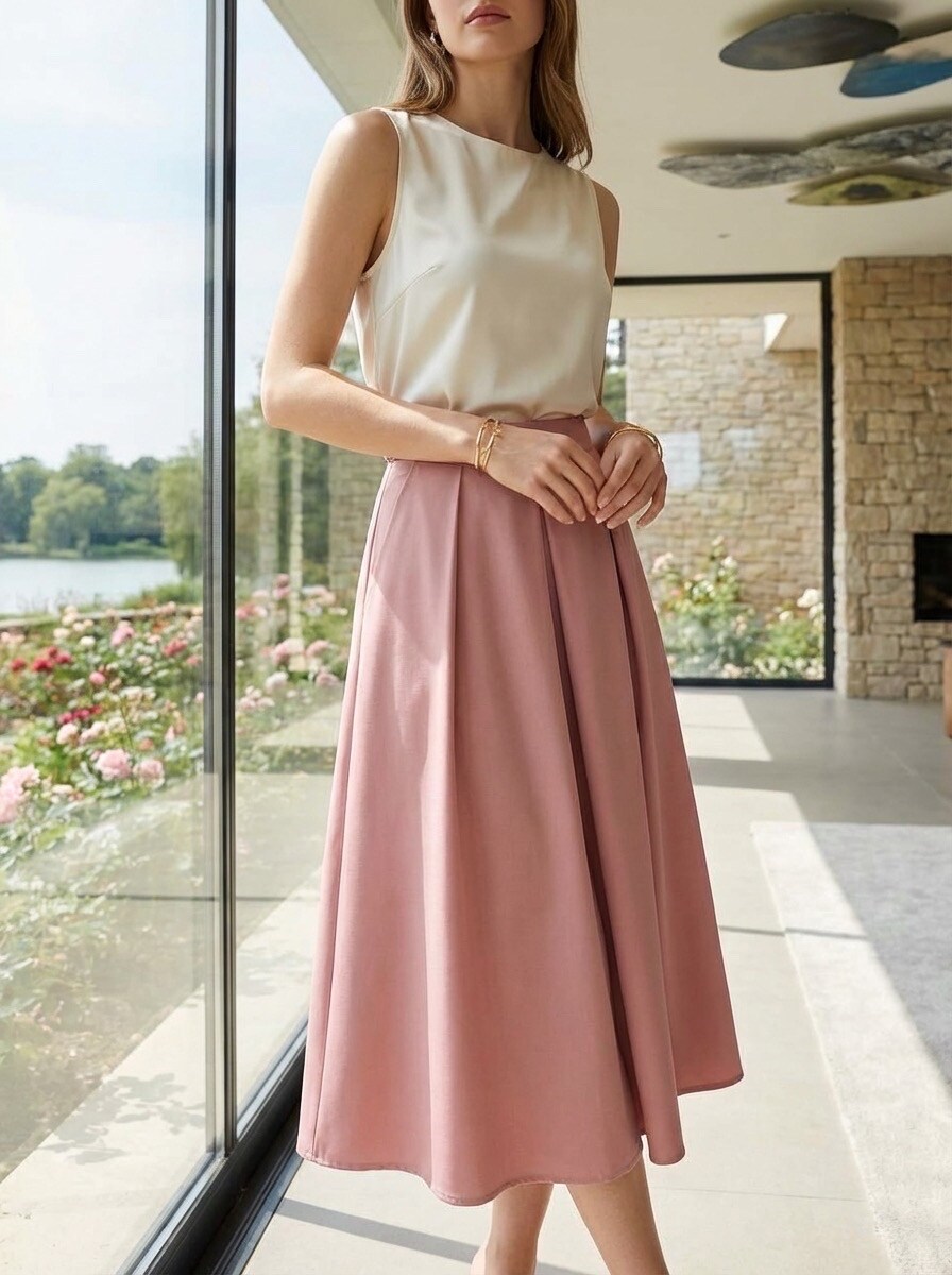 Großhändler LAFÉEROSE - Langer Rock, ausgestellt, fließend, Trapez, elastische Taille, schicker, eleganter Gürtel