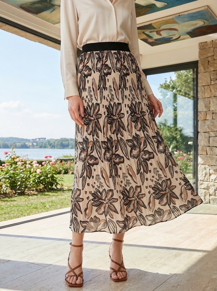 Grossiste LAFÉEROSE - Jupe longue plissée fluide imprimé coloris printanier avec doublure en viscose